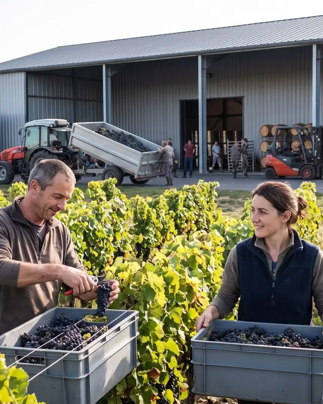 Deux saisonniers récoltent du raisin dans un domaine viticole français en pleines vendanges.