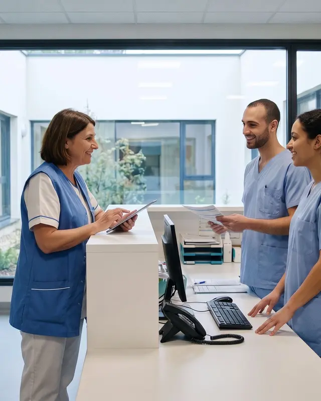 Trois professionnels de santé échangent avec le sourire à l'accueil d'un établissement de santé contemporain.