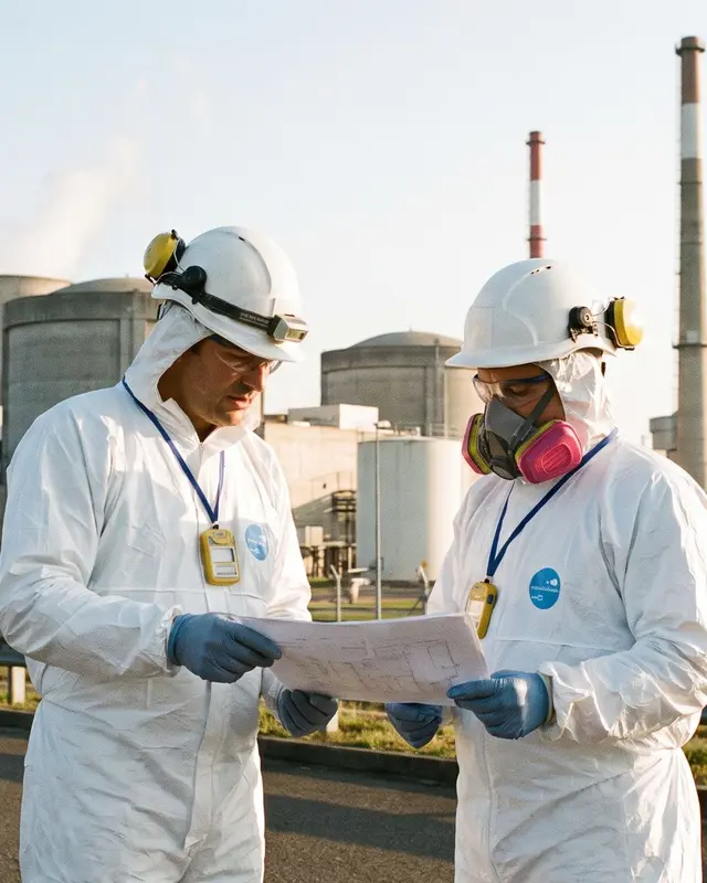 Deux techniciens en combinaison de protection examinent des plans devant une centrale nucléaire française.
