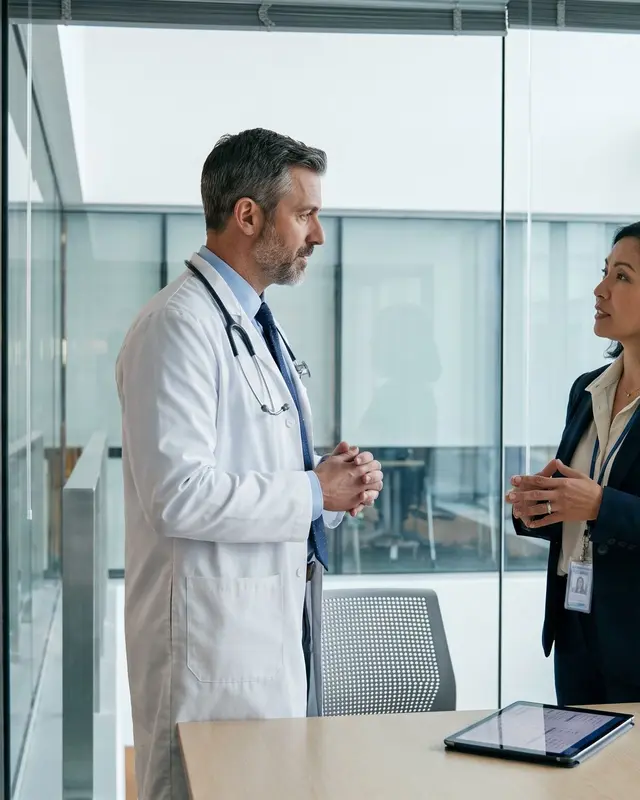 Un médecin et une responsable d'établissement de santé échangent dans un bureau vitré.