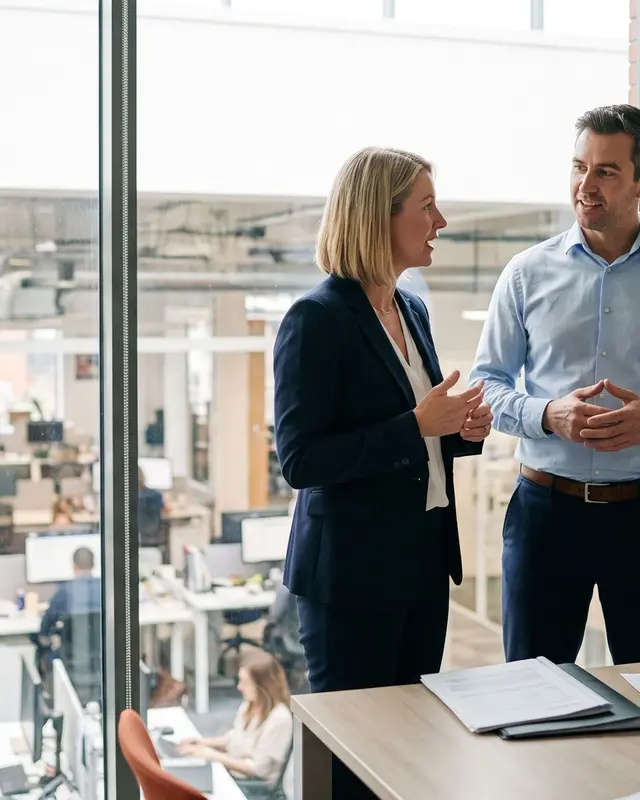 Une directrice des opérations échange avec un responsable financier et une responsable dans un bureau.