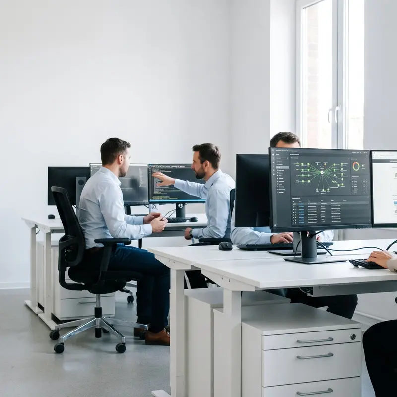 Des professionnels de l'informatique travaillent sur des ordinateurs dans un open space moderne.