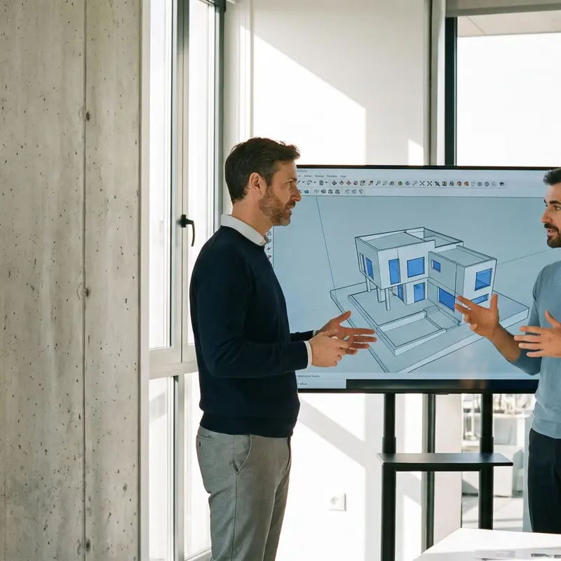 Une experte freelance et un responsable collaborent devant un écran affichant un projet immobilier en 3D.