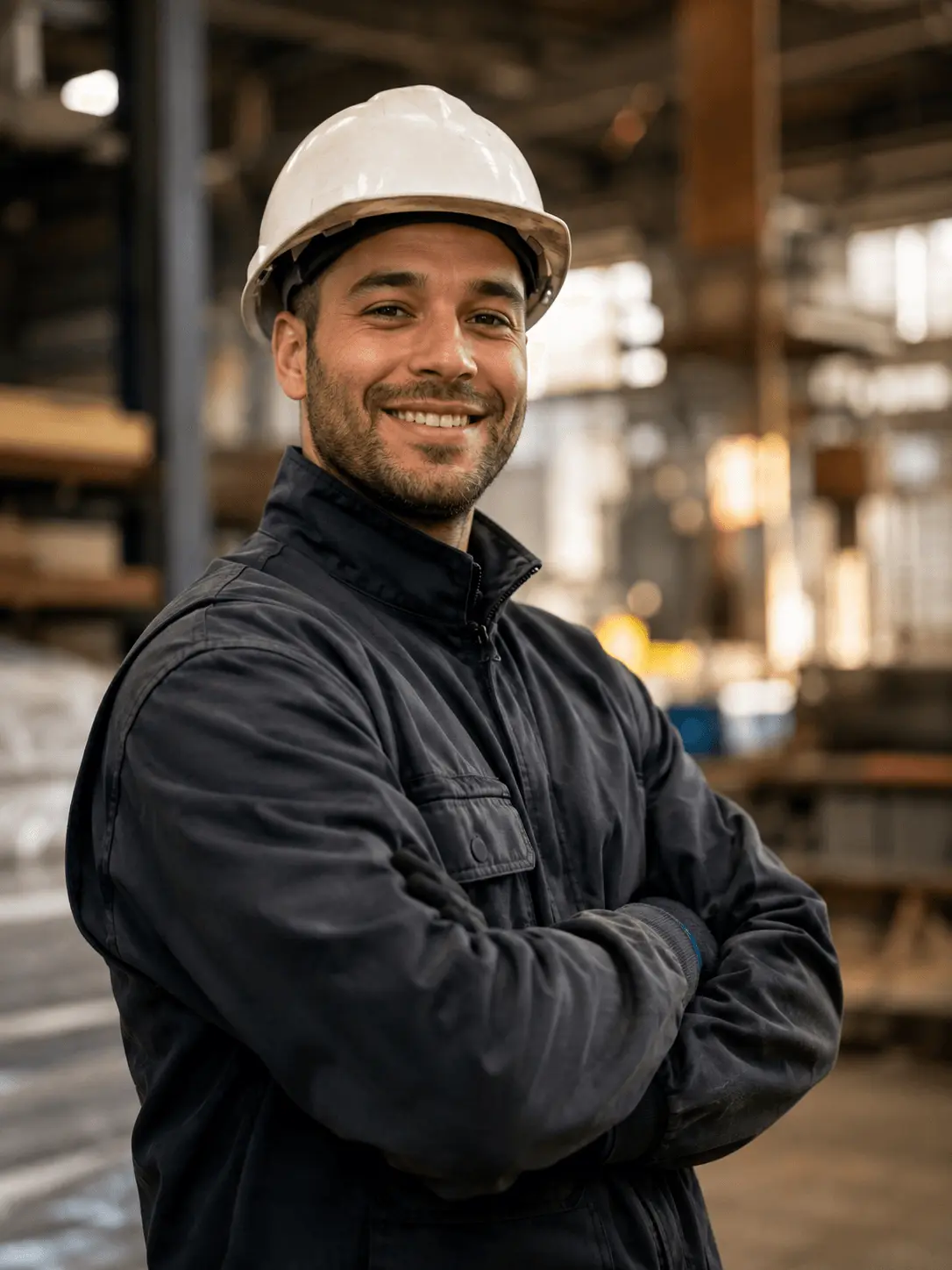 Un ouvrier souriant, portant un casque de chantier blanc et une veste de travail sombre, les bras croisés.