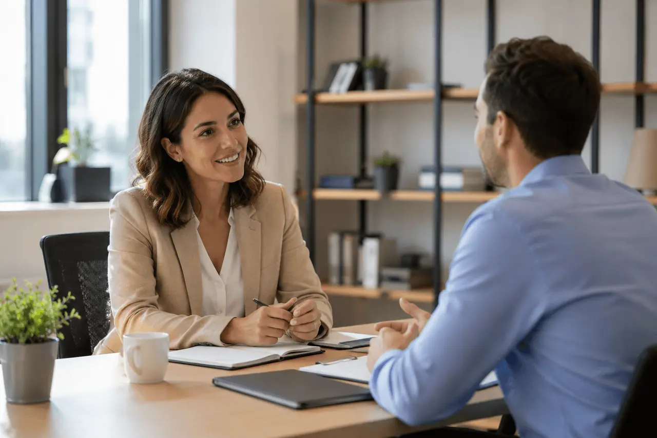 Une conseillère en recrutement échange avec un candidat lors d’un entretien professionnel.