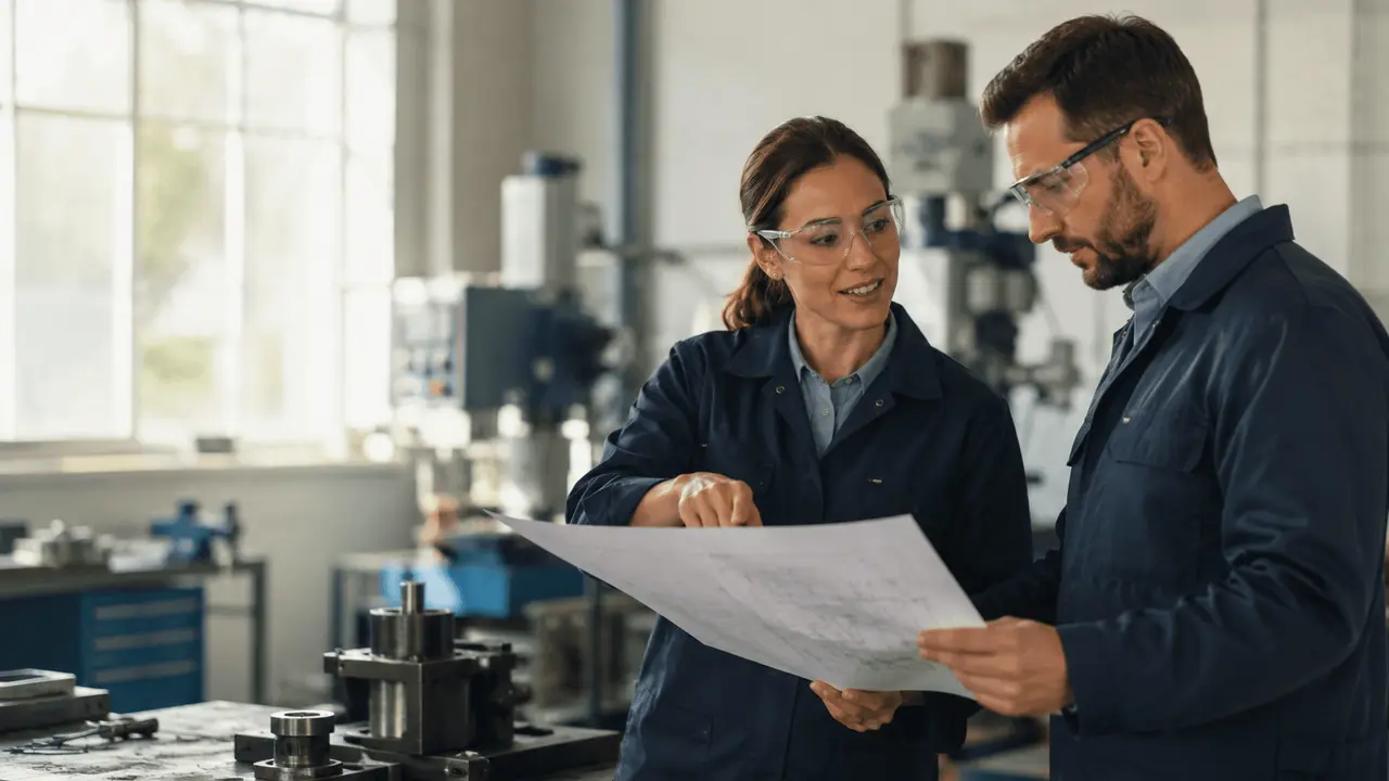 Une technicienne et un technicien en bleu de travail examinent un plan dans un atelier industriel.
