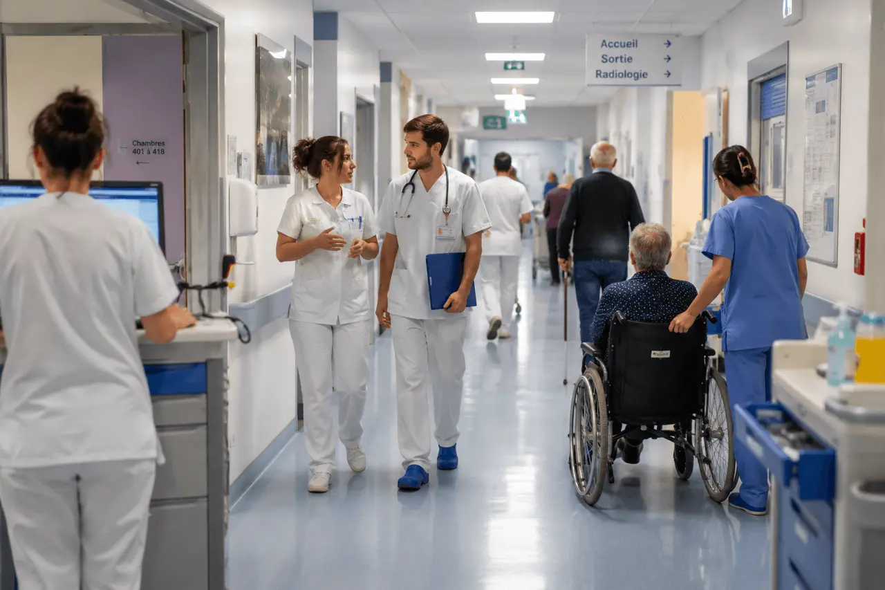 Des professionnels de santé s'activent dans le couloir d'un centre hospitalier.