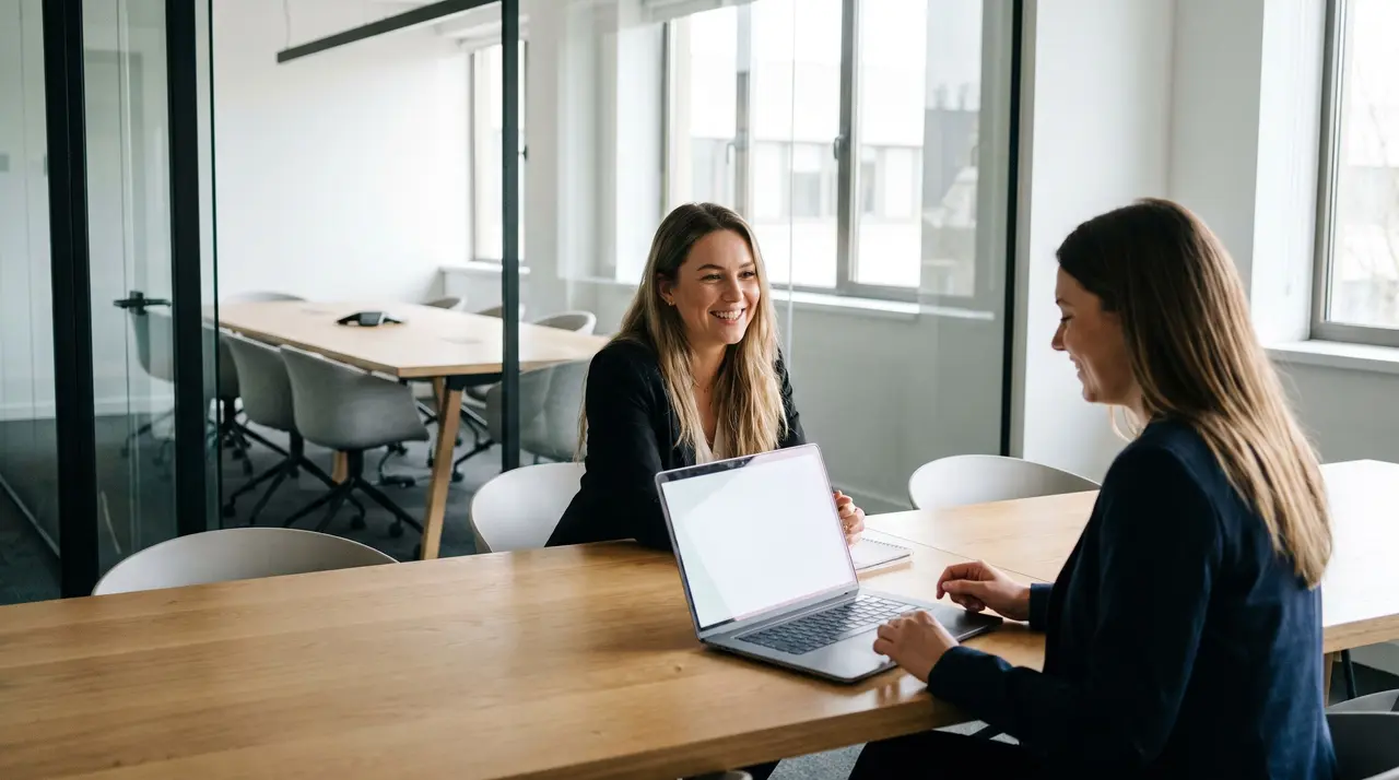 Une assistante de direction coordonne des projets avec une collaboratrice devant un ordinateur portable.