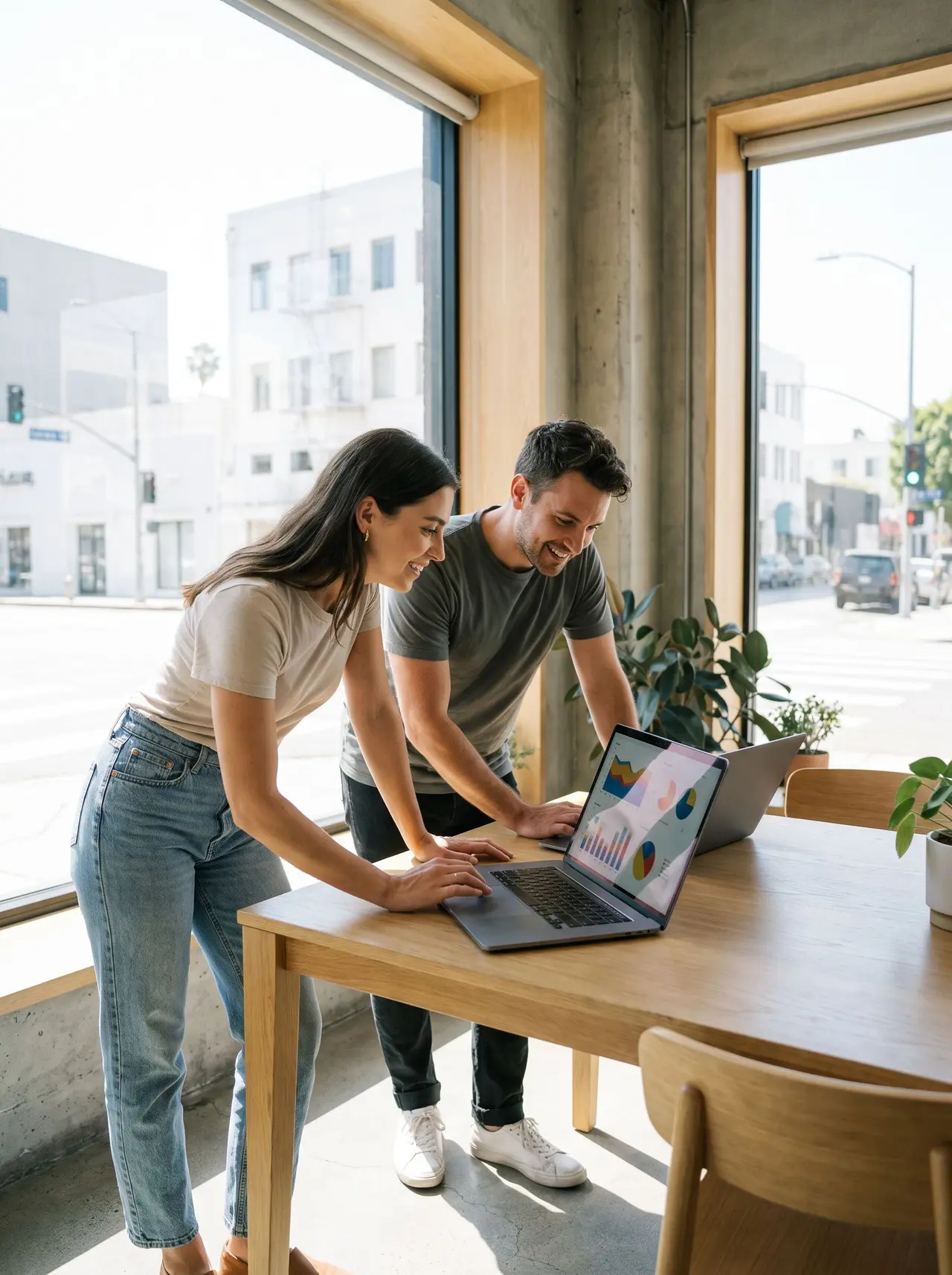 Une traffic manager et un chef de projet digital analysent des graphiques sur un ordinateur portable.