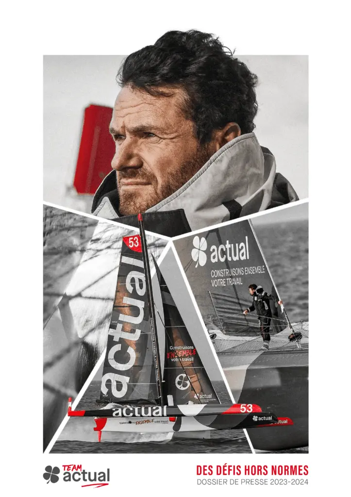 Couverture du dossier de presse 2023-2024 de la Team Actual, présentant le skipper Anthony Marchand et son trimaran.