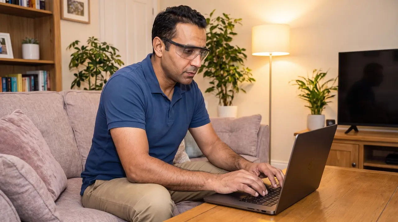 Un homme consulte son compte CPF sur son ordinateur portable depuis son salon.