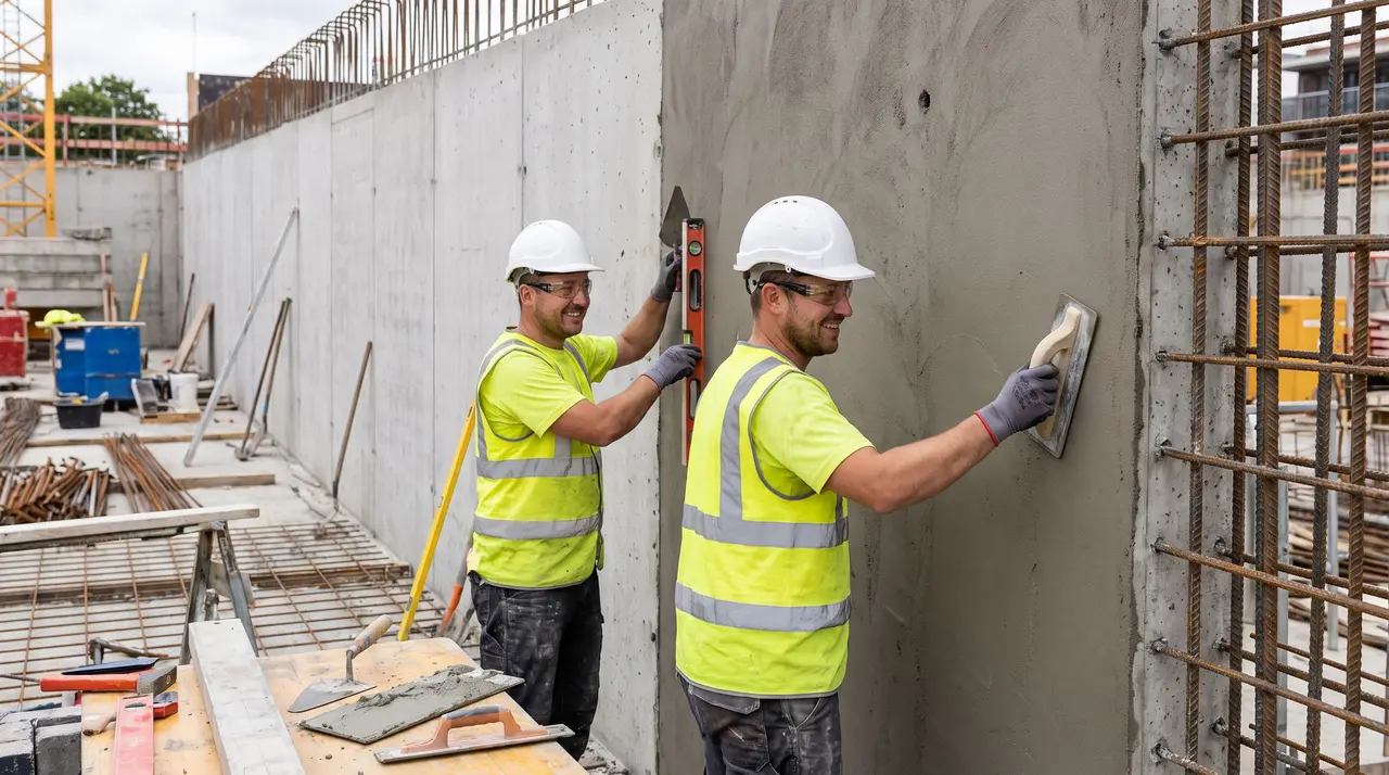 Deux maçons équipés de casques et gilets de sécurité travaillent sur le mur en béton d'un chantier.