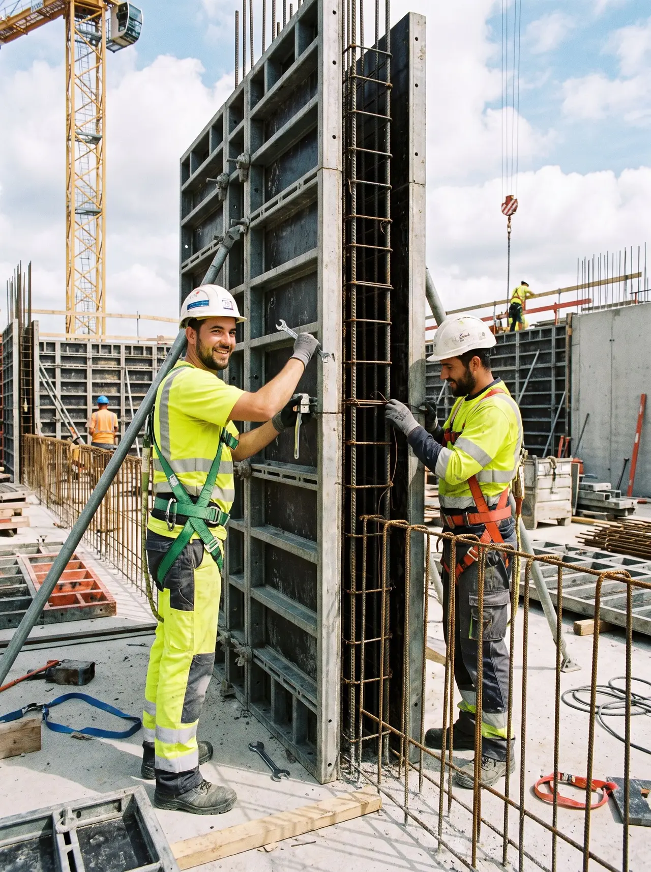 Deux maçons coffreurs en tenue de sécurité assemblent un coffrage métallique sur un chantier de gros œuvre.