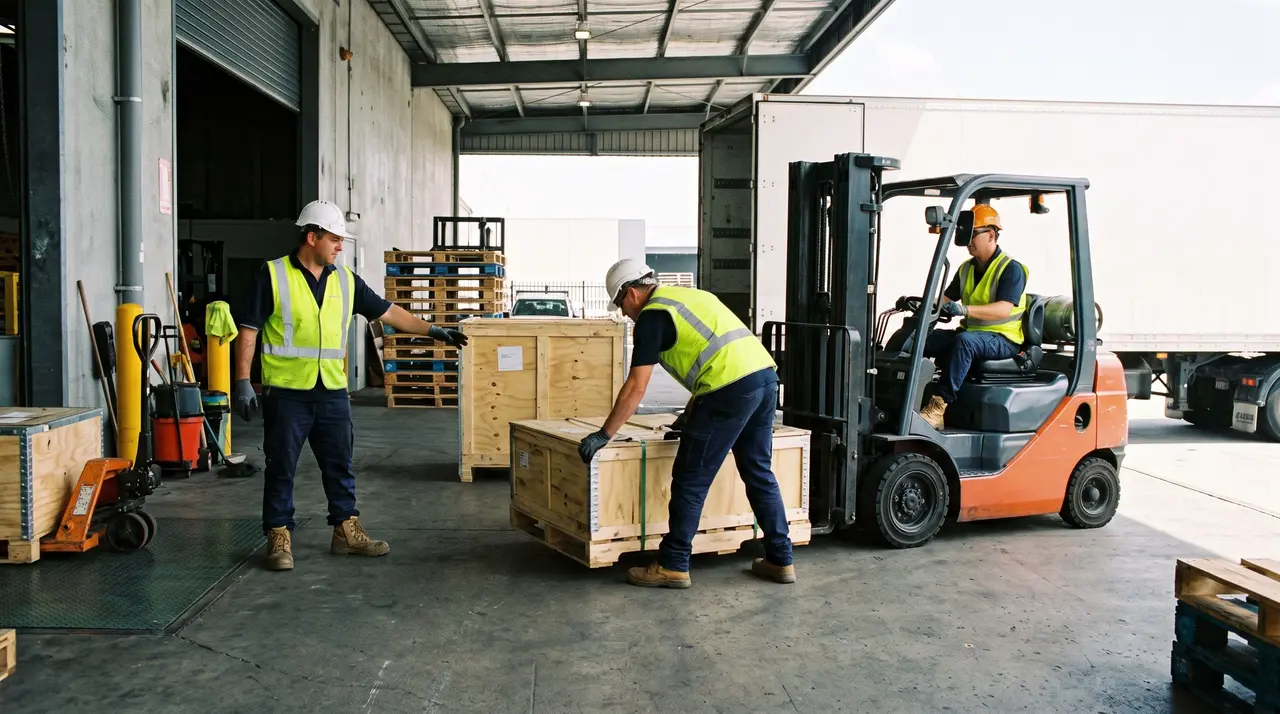 Deux agents de logistique et un cariste manipulent des caisses en bois sur un quai de chargement.