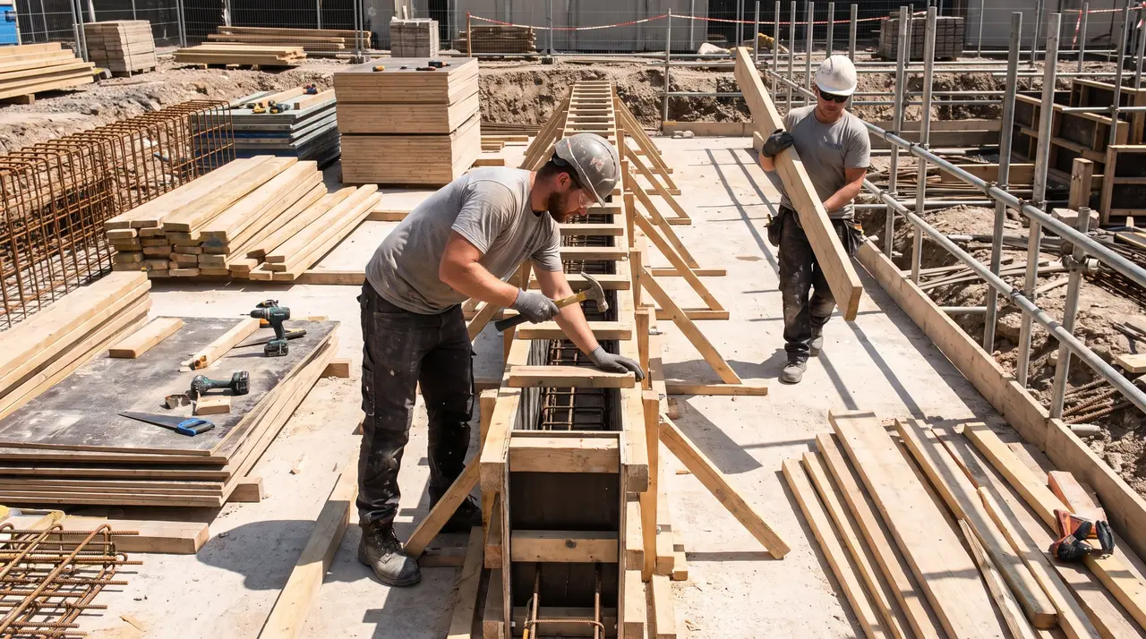 Un coffreur-boiseur assemble un coffrage traditionnel en bois sur un chantier de construction.