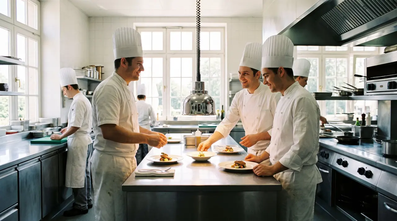 Une équipe de cuisiniers en toque dresse des assiettes dans la cuisine d'un restaurant gastronomique.