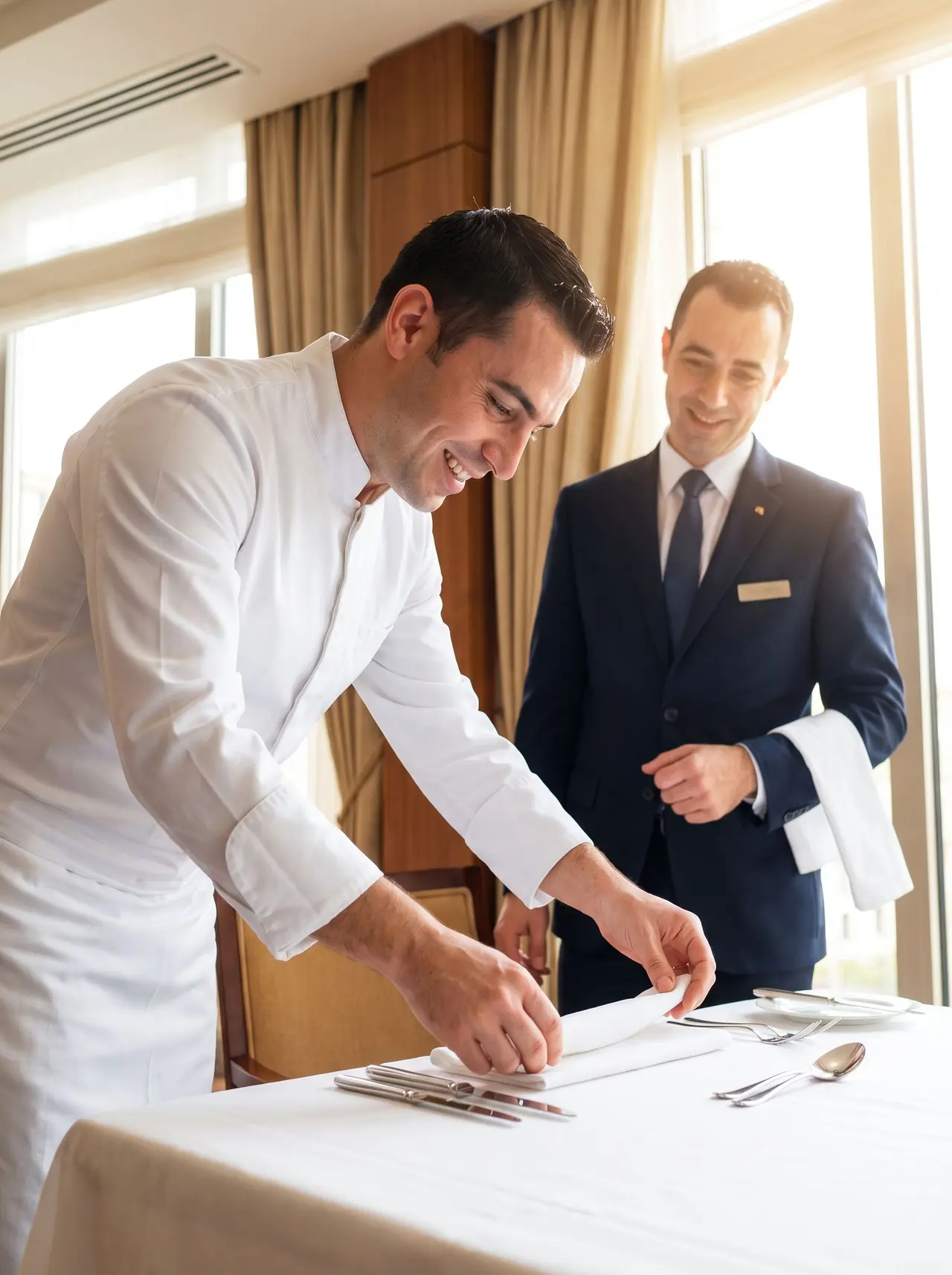 Un chef et un serveur en costume dressent avec soin la table du restaurant d'un hôtel de luxe.