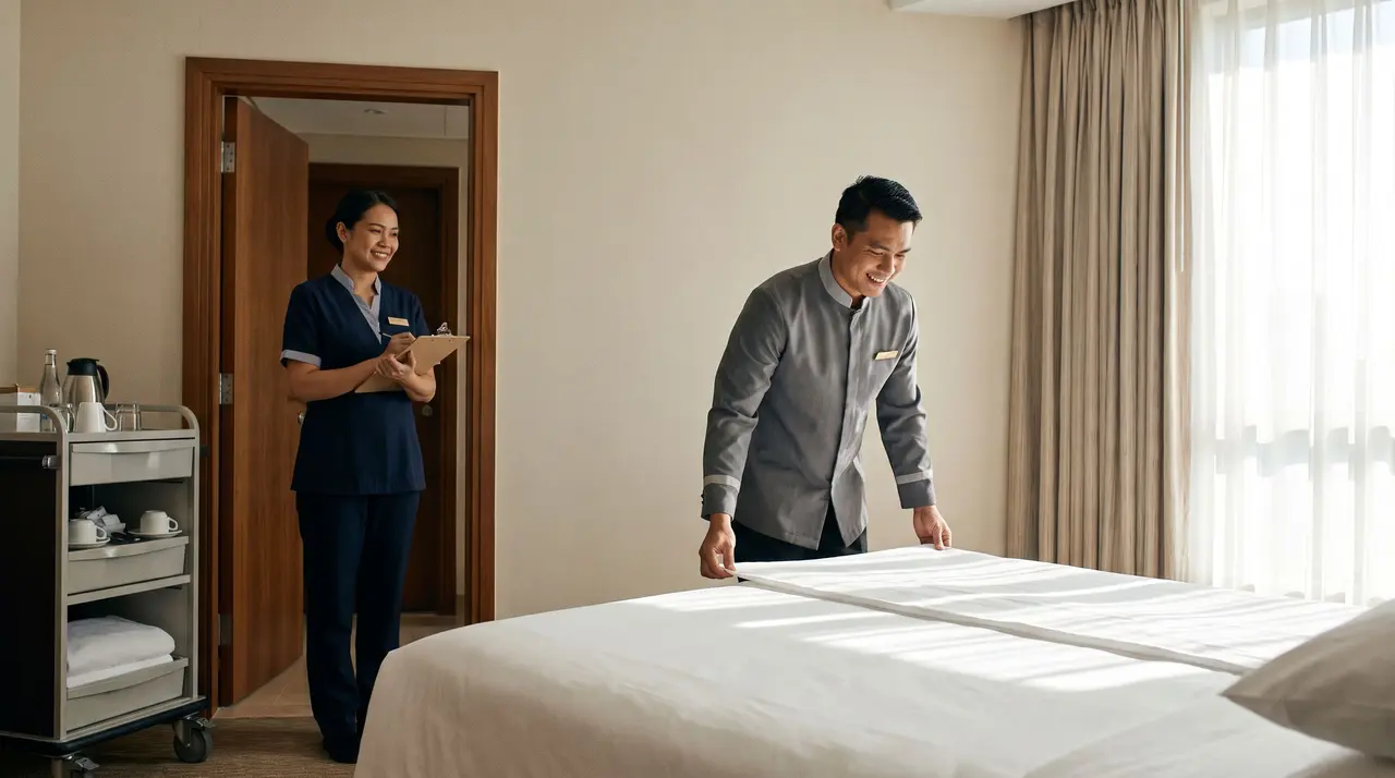 Une gouvernante et un valet de chambre préparent le lit d'une chambre d'hôtel.