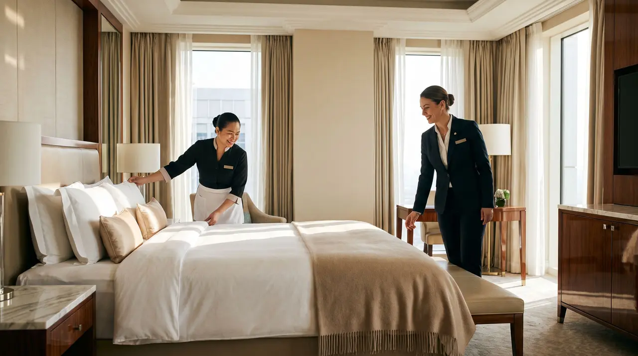 Une femme de chambre et une gouvernante préparent le lit d'une suite dans un hôtel de luxe.