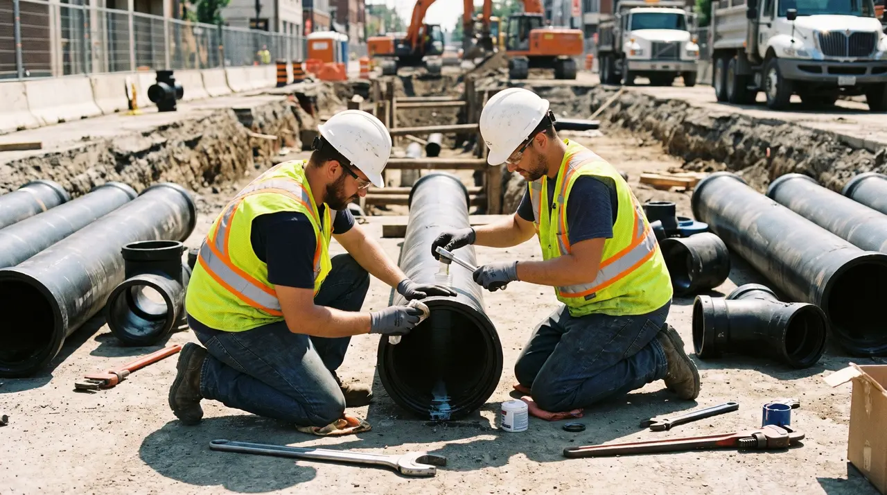 Deux canalisateurs équipés préparent l'assemblage de canalisations sur un chantier de travaux publics.
