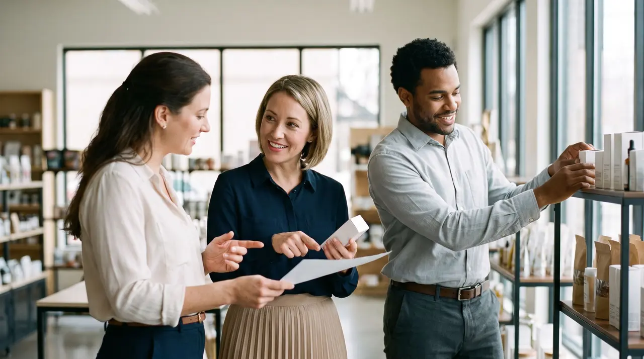 Trois professionnels échangent avec le sourire autour de produits dans un commerce lumineux.