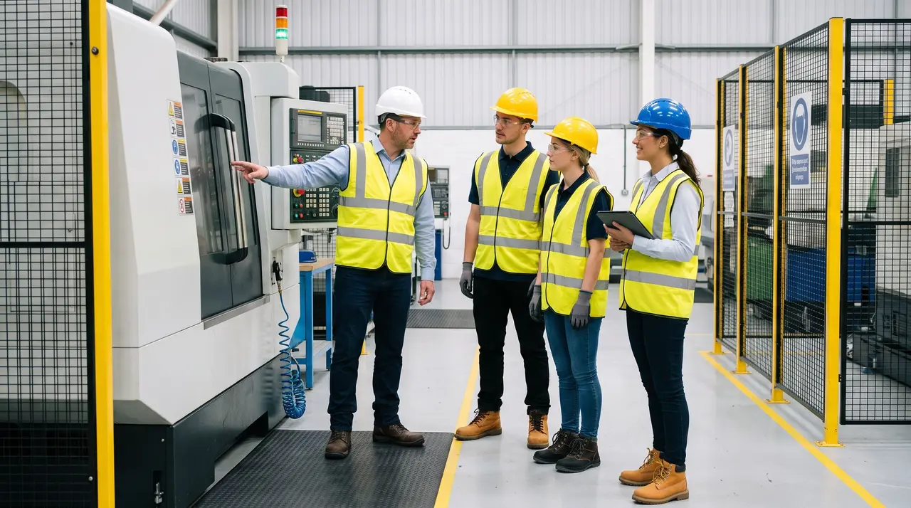 Un formateur explique le fonctionnement d'une machine industrielle à trois opérateurs de production.