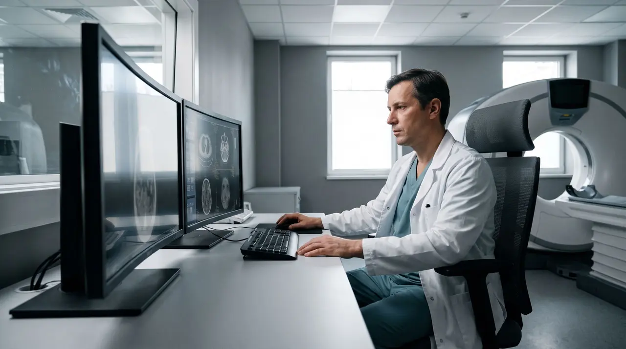 Un médecin en blouse blanche analyse des images médicales sur écran à côté d'un scanner de diagnostic.
