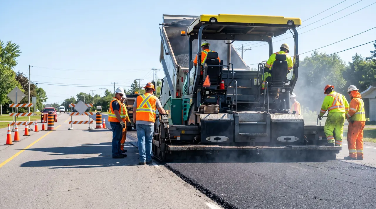 Une équipe d’application d’enrobés réalise des travaux de voirie sur une chaussée.
