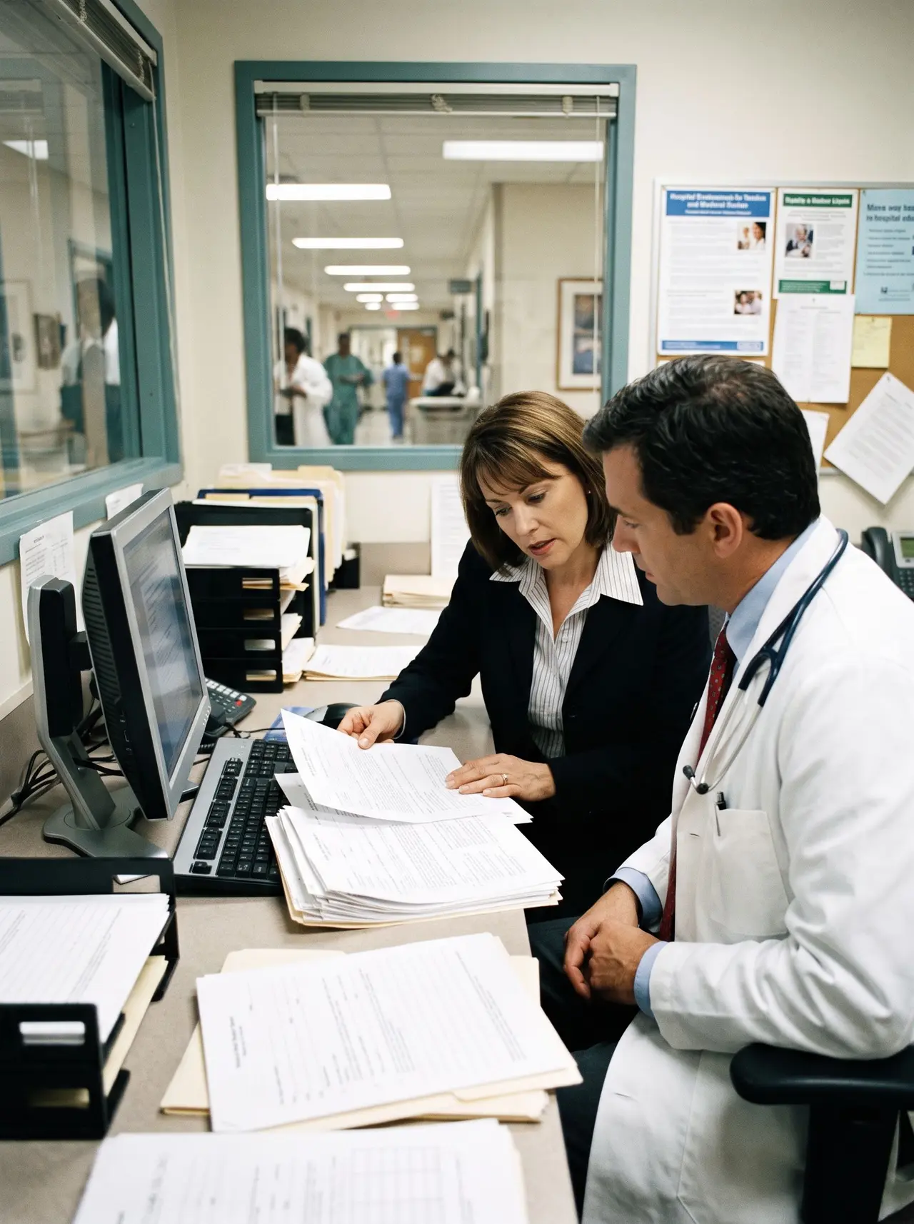 Une responsable et un médecin collaborent autour de dossiers dans le bureau des affaires médicales.