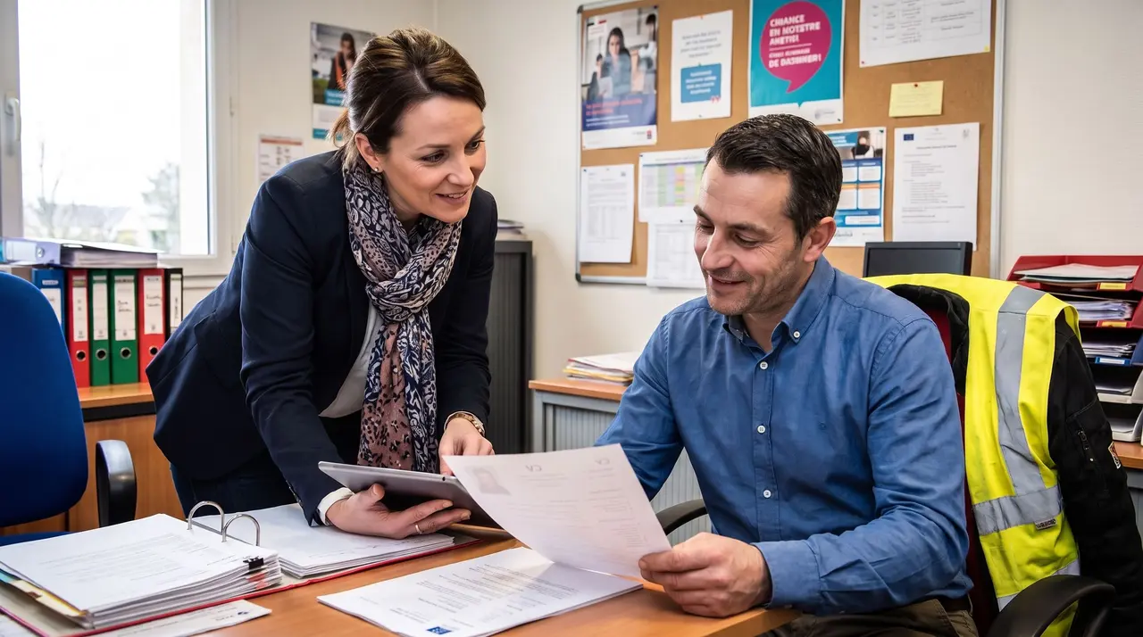 Une conseillère en emploi échange avec un candidat assis à son bureau autour d'un document.