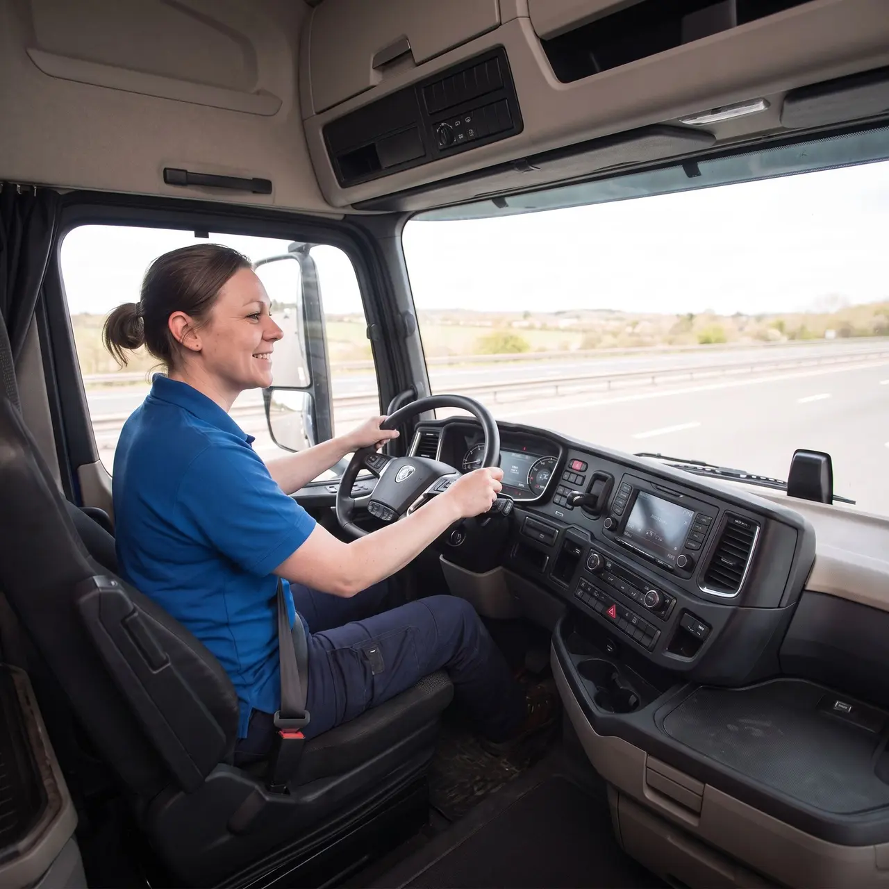 Une conductrice de poids lourd souriante au volant de son camion.