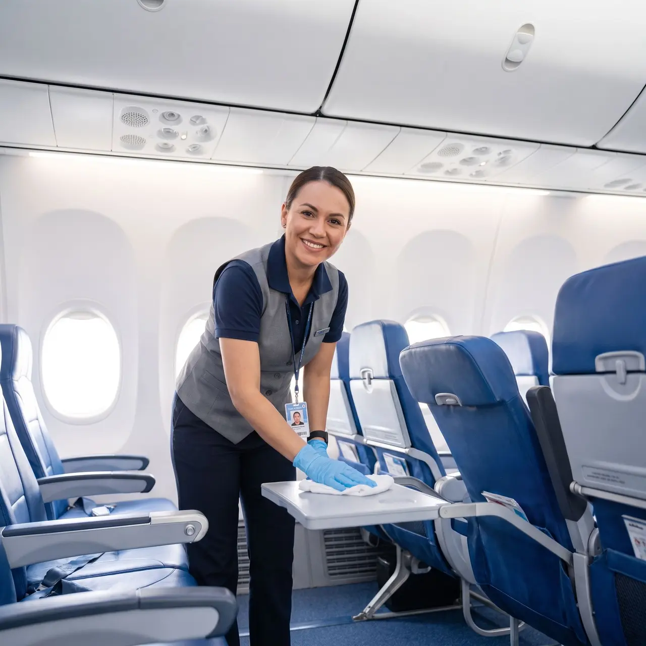 Une agente de propreté aéronautique souriante nettoie la tablette d'un siège à bord d'un avion.