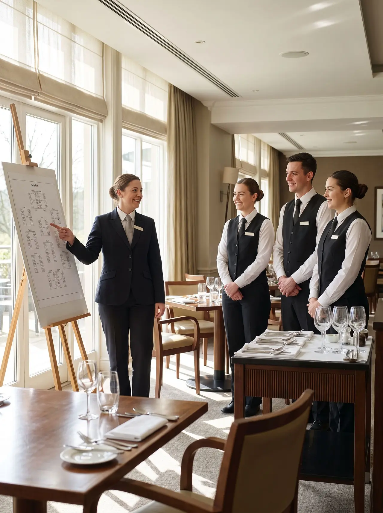 Une responsable briefe son équipe de serveurs en uniforme avant l’ouverture du restaurant d'un hôtel.