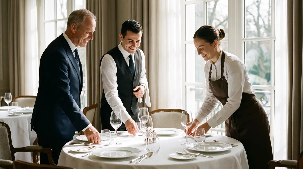 Un maître d'hôtel et deux serveurs dressent une table dans un restaurant haut de gamme.