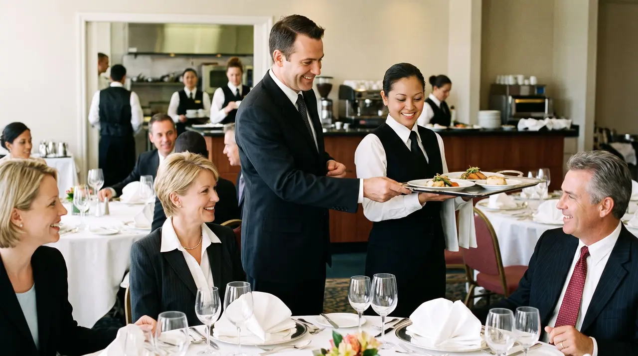 Un maître d'hôtel et une serveuse effectuent le service à table de clients dans la salle de banquet d'un hôtel.