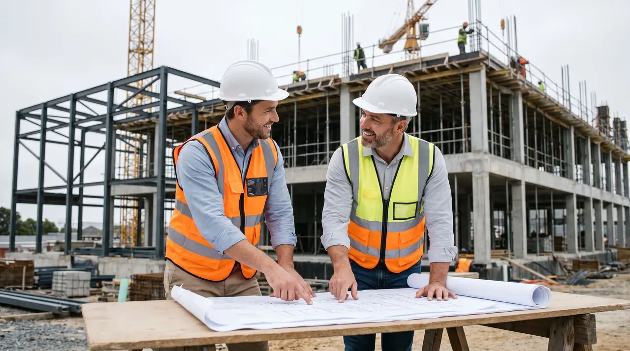Un ingénieur travaux et un responsable de chantier examinent des plans sur un chantier de construction.