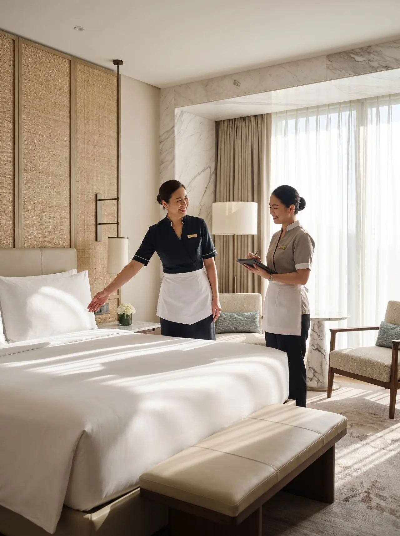 Deux femmes de chambre en uniforme collaborent avec le sourire dans une chambre d’hôtel haut de gamme.