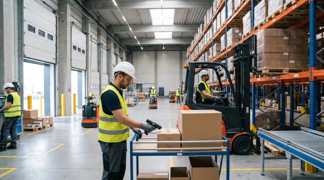 Un préparateur de commandes scanne un carton dans un entrepôt moderne en activité.