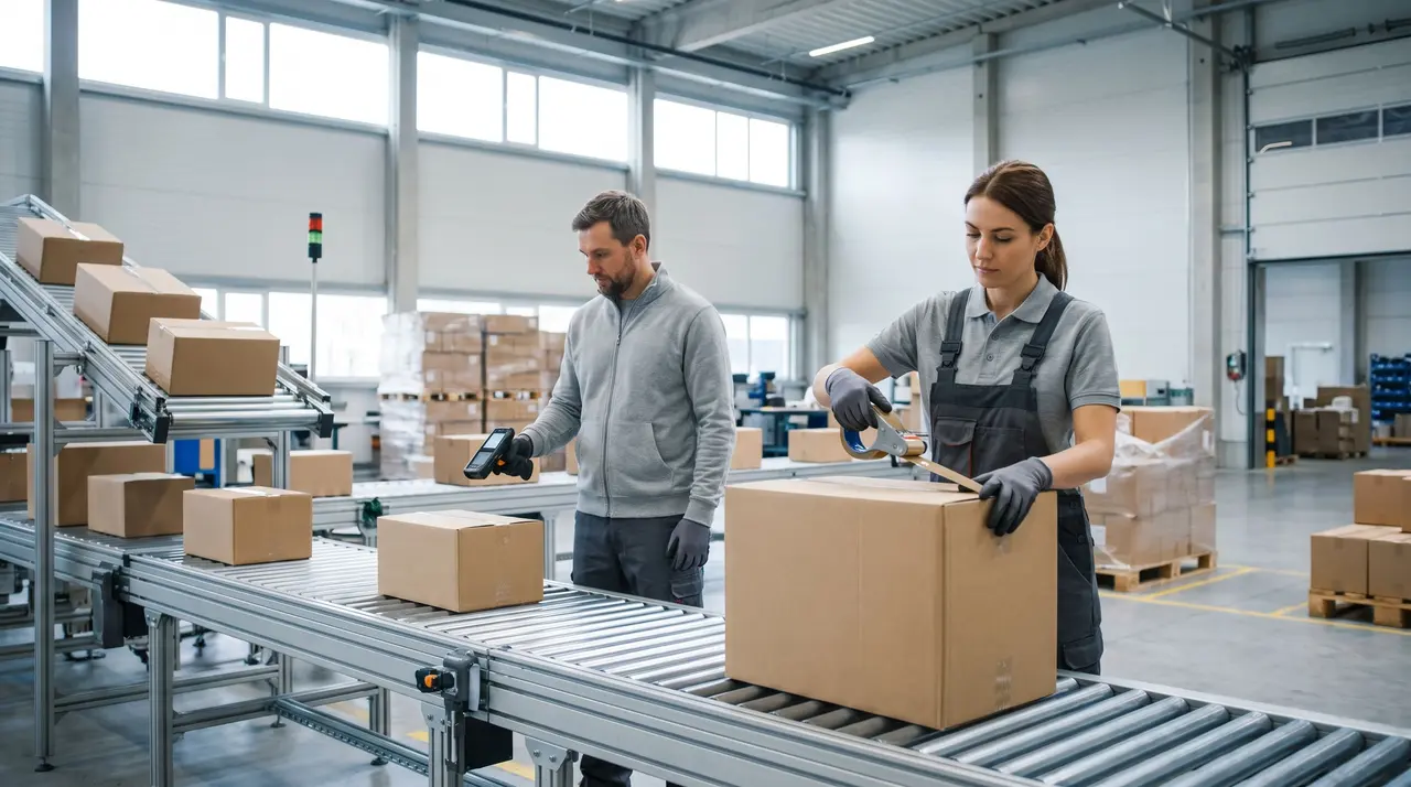 Deux préparateurs de commandes emballent et scannent des colis sur un convoyeur dans un entrepôt logistique.