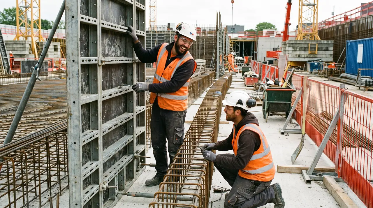 Un coffreur-bancheur et un ferrailleur travaillent en équipe sur un chantier de gros œuvre.