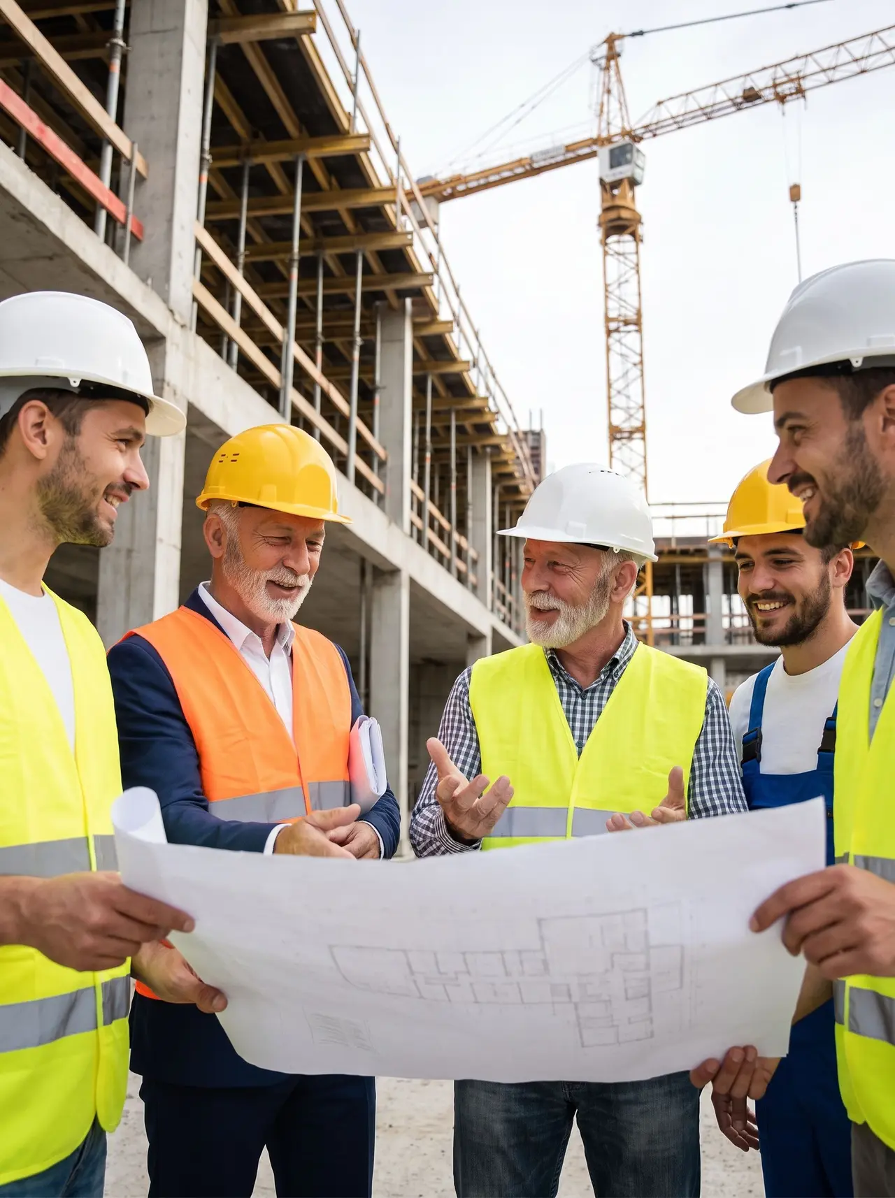 Des professionnels du bâtiment échangent avec le sourire autour de plans sur un chantier de construction.