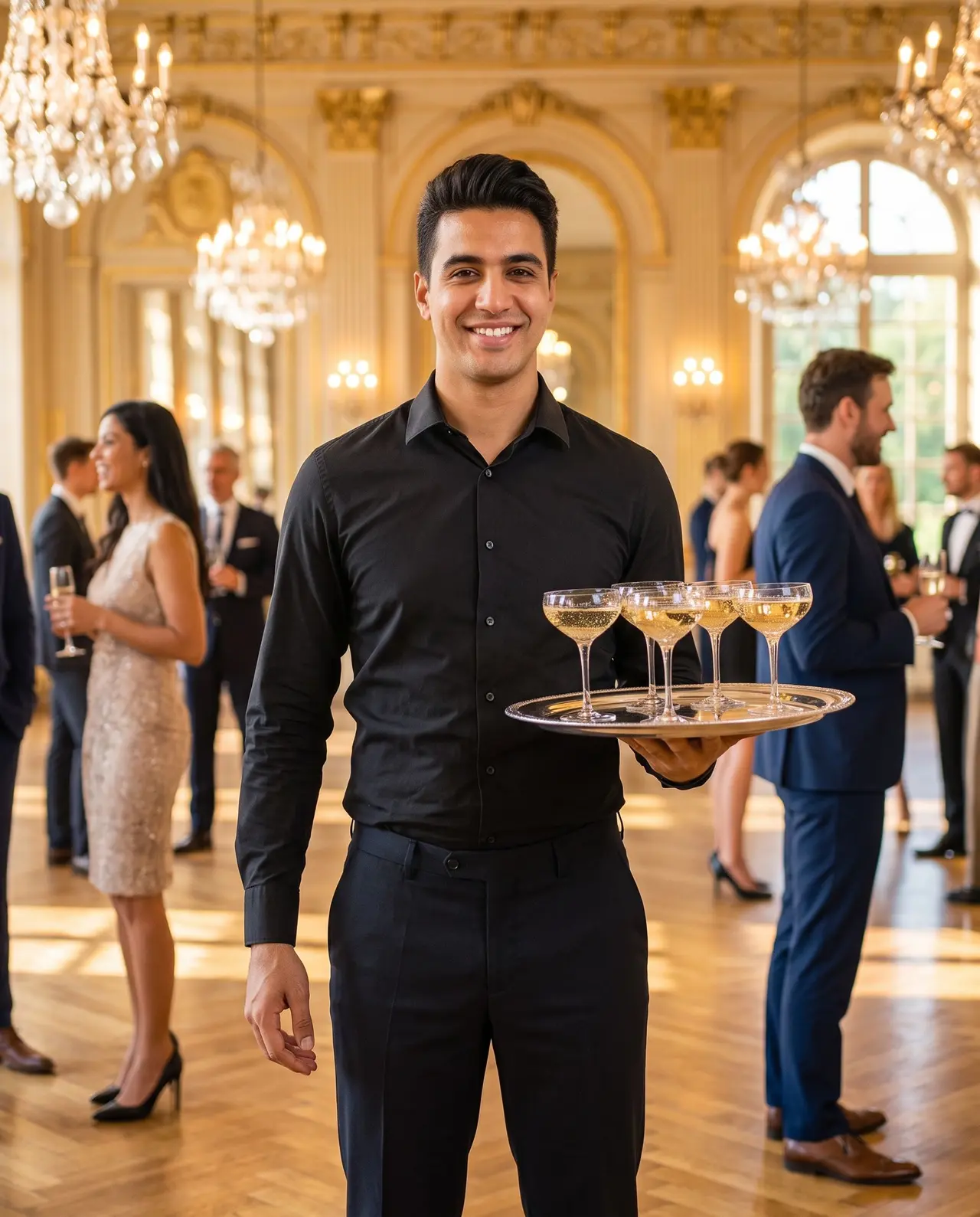 Un serveur souriant en tenue noire tient un plateau de coupes de champagne lors d'un événement.