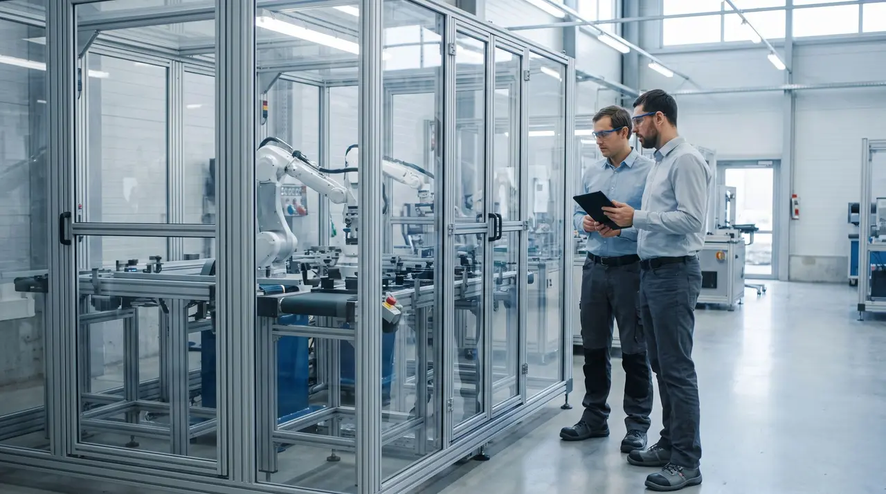Un automaticien et une ingénieure d'industrialisation observent une cellule robotisée.