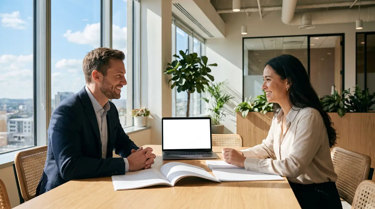 Un commercial terrain et une responsable grands comptes préparent un rendez-vous dans un bureau.