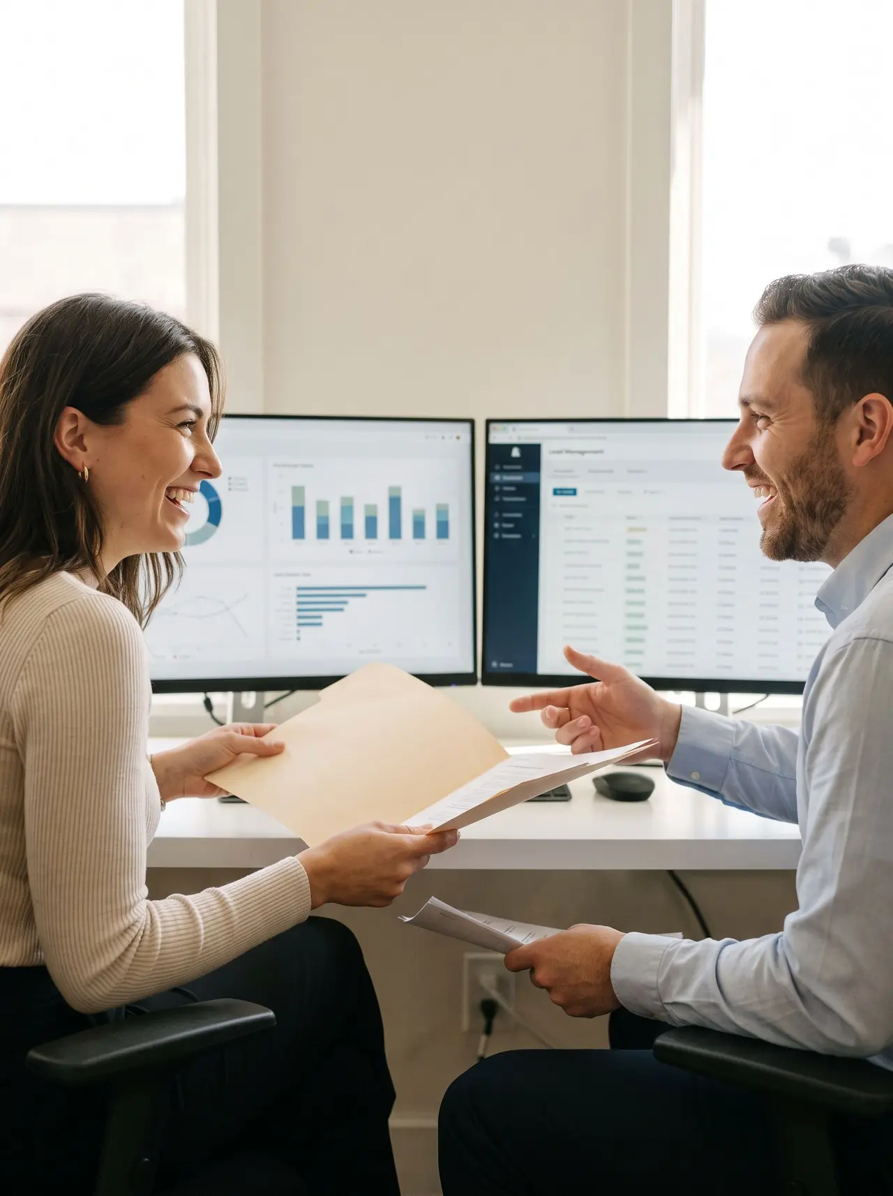 Une chargée de marketing et un commercial sédentaire collaborent avec le sourire devant leurs écrans de travail.