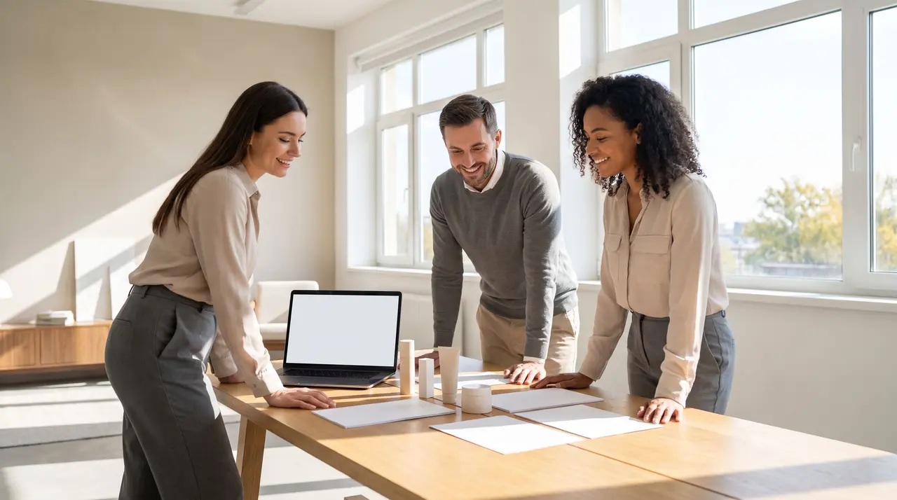 Une cheffe de produit, un brand manager et une responsable collaborent autour d’une table.