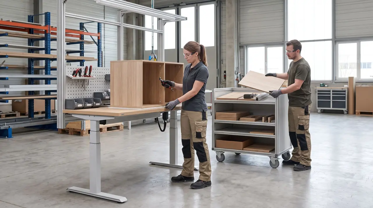 Deux opérateurs de fabrication assemblent du mobilier sur un établi ergonomique dans un atelier.