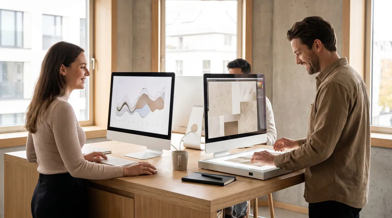 Une équipe de marketing digital collabore devant des écrans dans un espace de travail moderne.