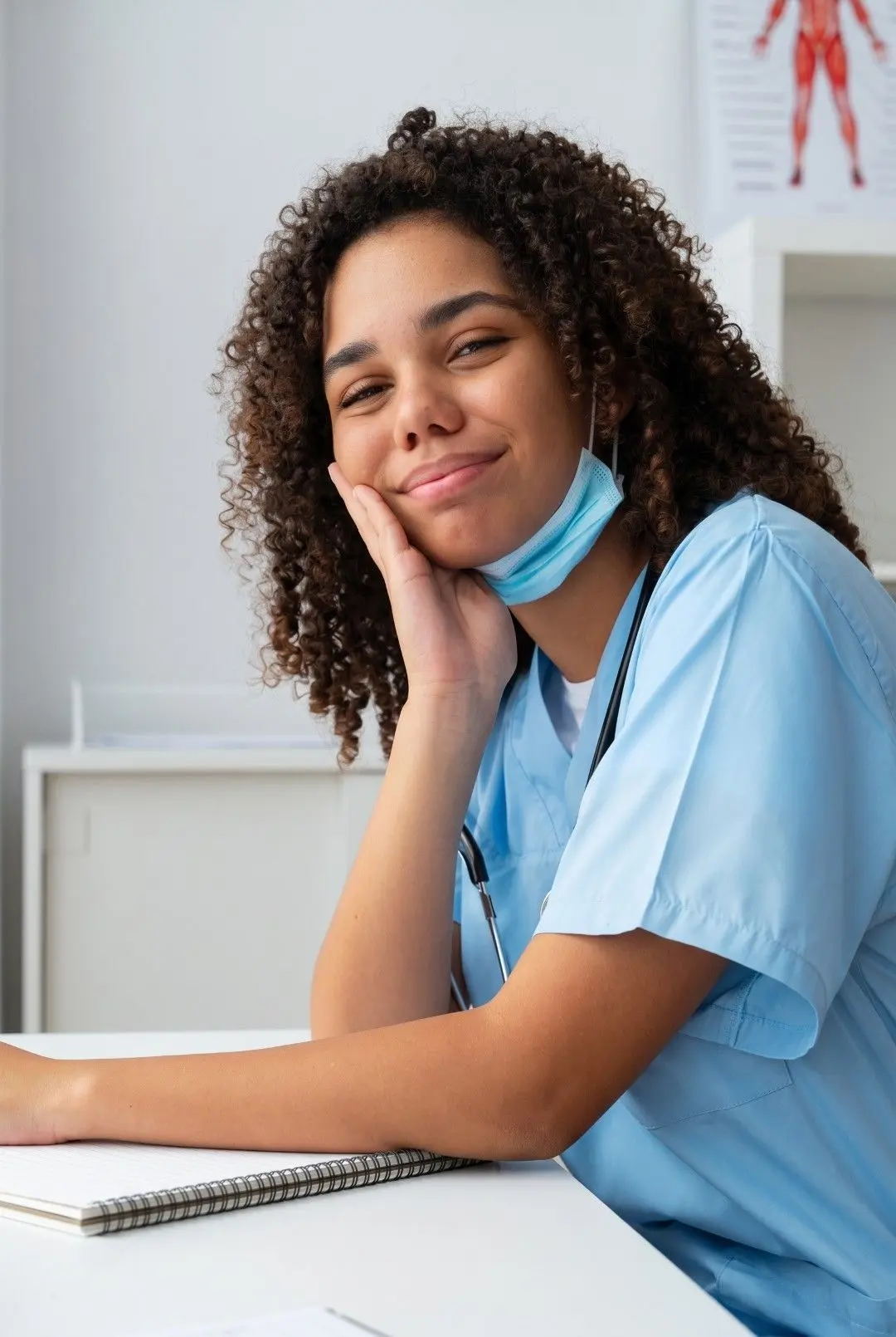 Une soignante souriante en blouse bleue, un stéthoscope autour du cou, accoudée à son bureau.