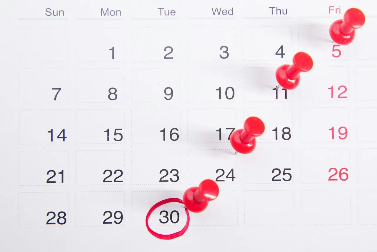 Calendrier mensuel avec des punaises rouges marquant plusieurs dates clés.